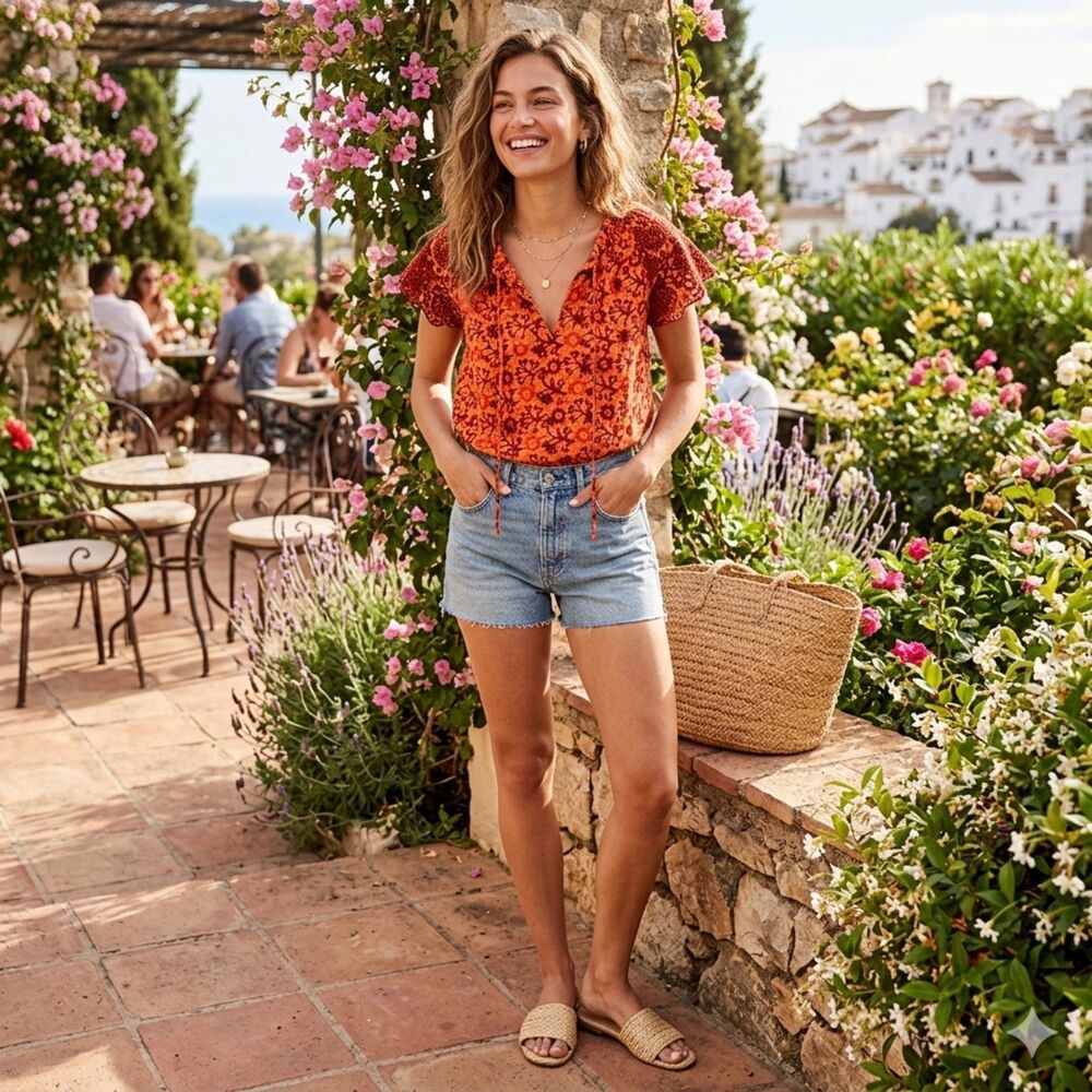 jennifer & grace Batik Orange Red Flutter Sleeve Top Small Cotton Eyelet